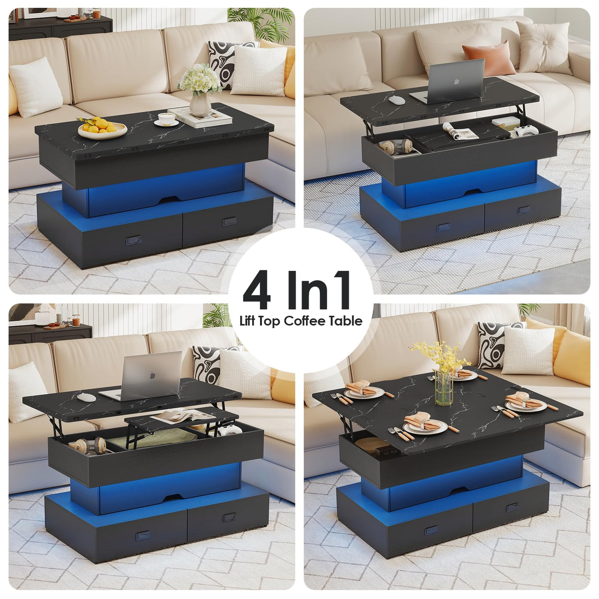 Turosur 40" Lift Top Coffee Table, LED Coffee Tables with Storage and 4 Drawers, Coffee Table with Lifting top for Living Room Home Office Turosur