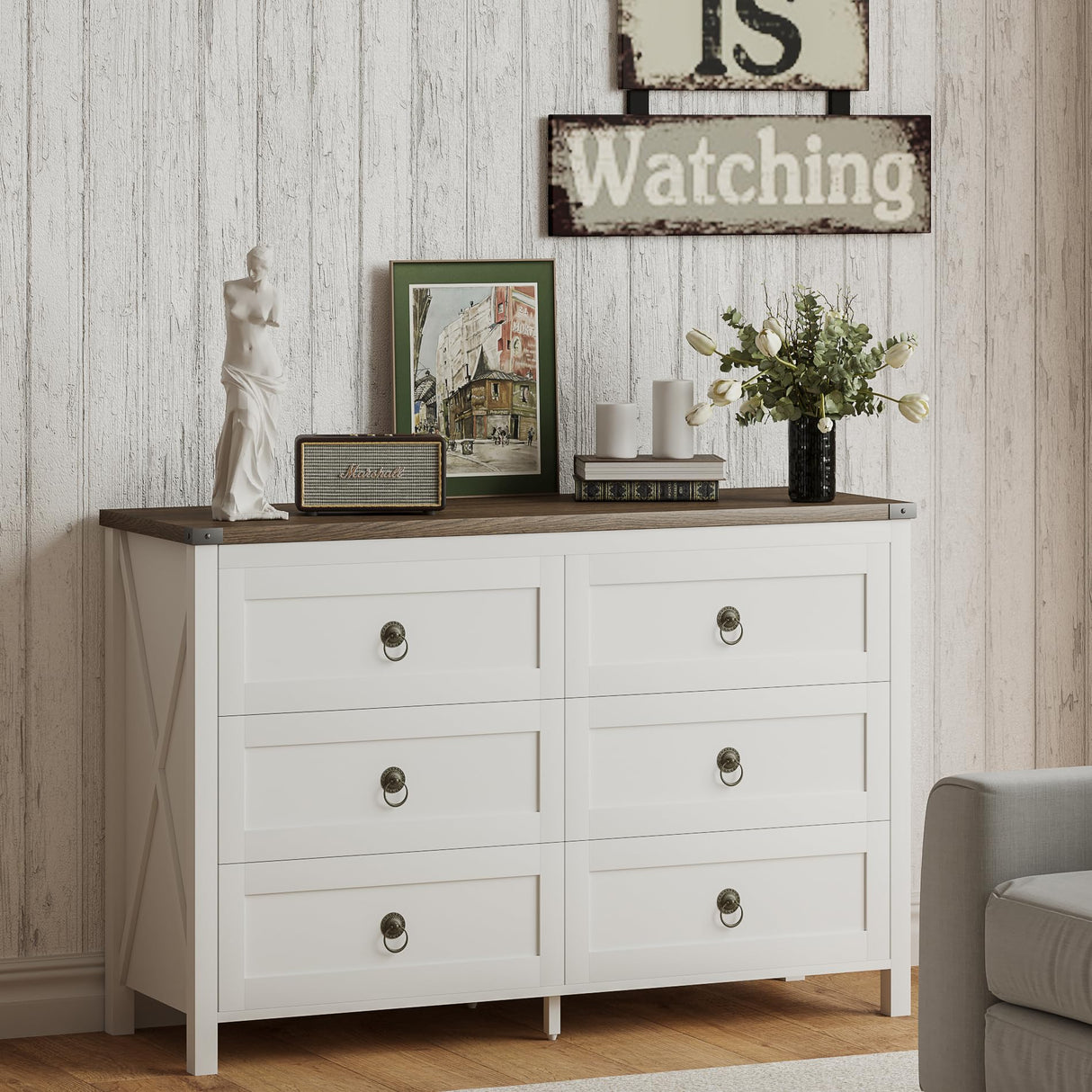 ChooChoo Farmhouse 6 Drawer Dresser, White Dresser for Bedroom, Wide Dressers & Chests of Drawers for Entryway, Hallway ChooChoo