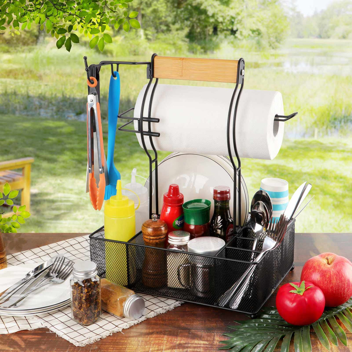 FANGSUN Grill Caddy, BBQ Caddy with Paper Towel Holder, Picnic Condiment Utensil Caddy for Outdoor Camping, Barbecue Accessories Storage Organizer for Griddle Grilling Tool, Rv Patio Camper Must FANGSUN
