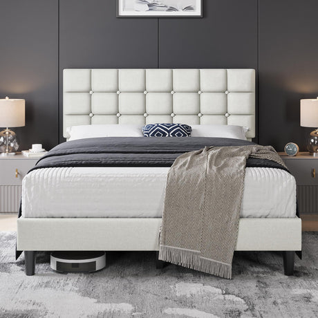 Yaheetech Upholstered Bed Frame, Modern Queen Bed Platform with Square Stitched&Button Tufting Headboard Height Adjustable, Wooden Slats Support, No Box Spring Needed, Queen Size, Beige Yaheetech