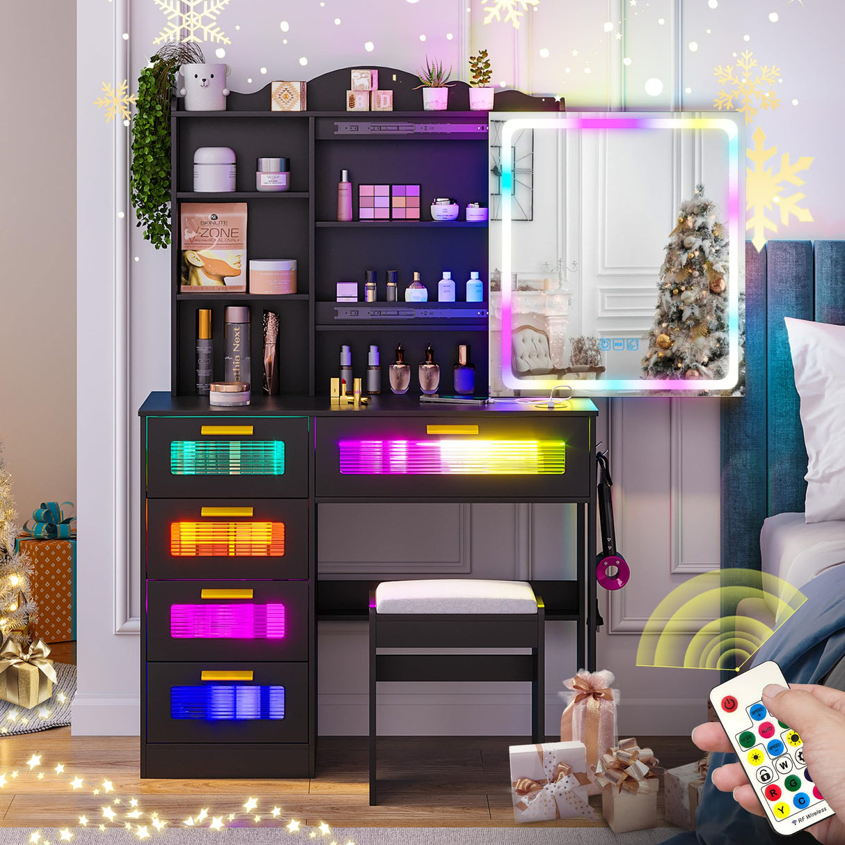 FOMNEY RGB LED Vanity Desk with Mirror and Lights, Makeup Vanity Desk with 3-in-1 Charging Station, Vanity Set with Stools＆Sliding Mirror, Make UP Table with 5 Drawers (Black) FOMNEY