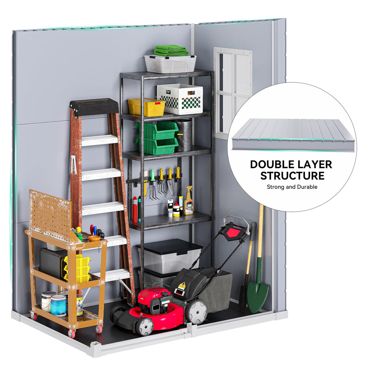DWVO Outdoor Storage Shed, All-Weather Resin Plastic Storage Shed with Windows, Slanted Roof, Raised Floor, Capacity for Garden Tools & Equipment, Ideal for Backyard & Garden DWVO