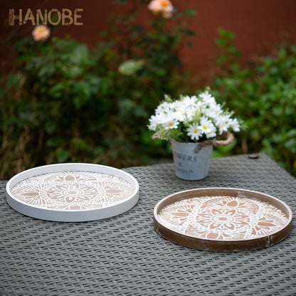 Hanobe Decorative Serving Tray Round: Farmhouse Coffee Table Tray for Ottoman Boho Wooden Centerpiece Rustic White Washed Mandala Home Decor Living Dining Room Kitchen Counter Display - WoodArtSupply