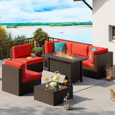 Vongrasig 7 Piece Patio Furniture Sets with 45 Inch Fire Pit Table All Weather PE Wicker Rattan Outdoor Sectional Sofa Couch Conversation Set w/Glass Table for Lawn, Garden, Backyard (Red)
