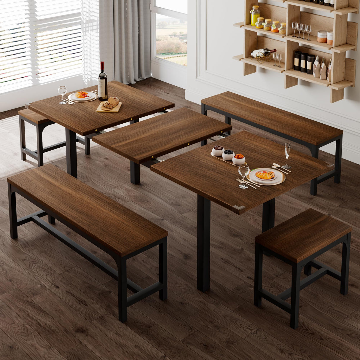 Feonase 5-Piece Dining Table Set for 4-8 People, 63" Extendable Kitchen Table with 2 Benches and 2 Square Stools, Mid-Century Modern Wooden Dining Room Table, Space-Saving, Walnut Feonase