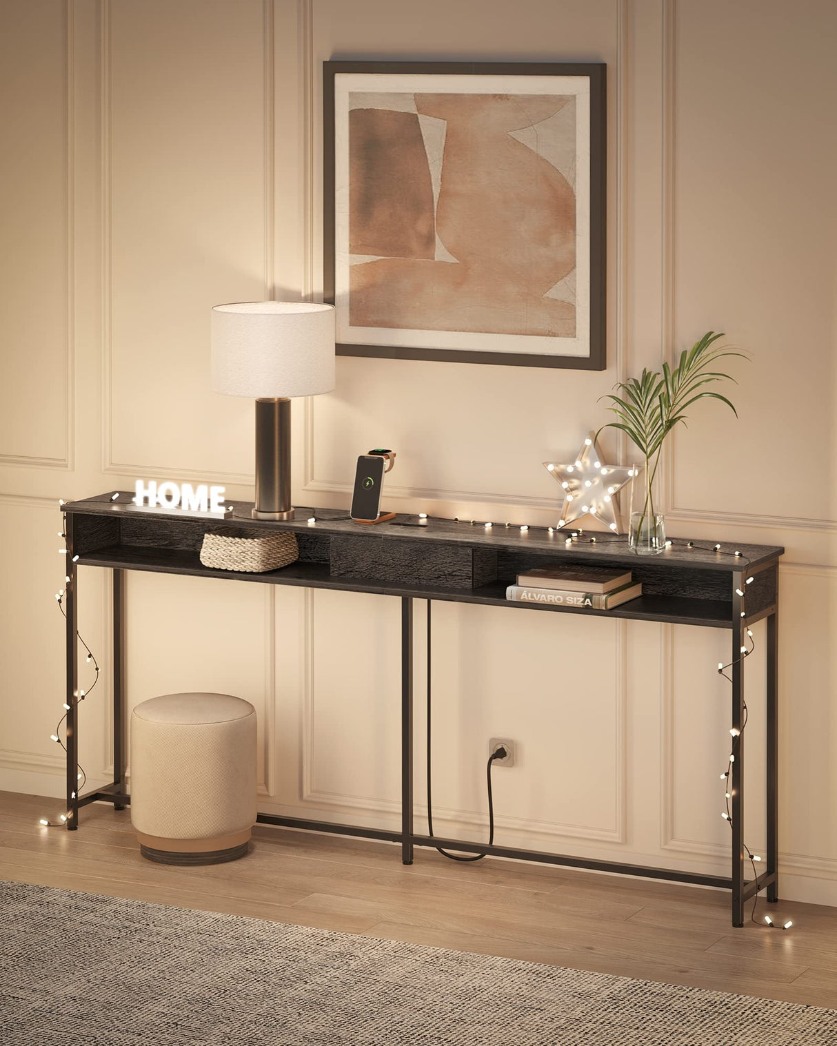 VASAGLE 70.9-Inch Console Table with Outlet and Shelves, Sofa Table with Charging Station, Behind Couch Table Skinny, Entryway Table for Hallway, Living Room, Charcoal Gray and Ink Black ULNT118B22 VASAGLE