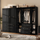 4 Doors Freestanding Armoire Wardrobe Closet, 72" Black Wardrobe Armoire Wooden Closet Large Capacity Storage with 3 Drawers & 3 Hanging Rod Shelves Clothes Organizer TOKSOM