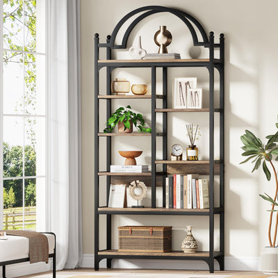 Condemo 71 inch Tall Bookshelf, 8-Tier Industrial Arched Etagere Bookcase, Open Display Storage Shelf for Living Room, Bedroom, Home Office, Rustic Brown