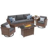UDPATIO Patio Furniture Set with Fire Pit Table, Rocking Swivel Chairs, 5 Pieces Outdoor Furniture Sets, All-Weather Wicker Outdoor Sectional Sofa with Waterproof Cover, 4'' Thickened Cushion, Grey UDPATIO