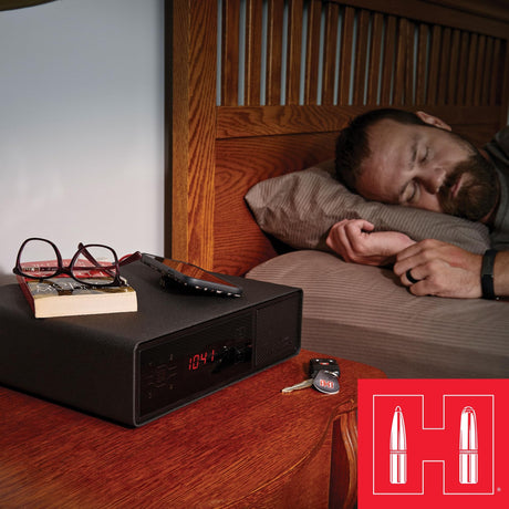 Hornady Rapid Safe Night Guard – Nightstand Gun Safe with RFID Reader, Clock, USB Ports – RFID Safe for Fast, Multiple Method Entry – Includes Rapid Safe, 3 Methods of Entry and Security Cable Hornady