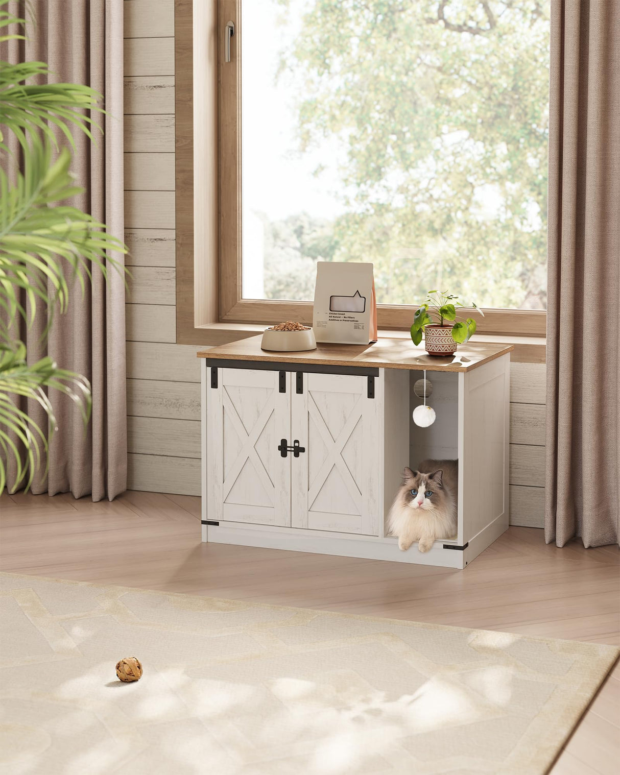 Hzuaneri Cat Litter Box Enclosure, Hidden Litter Box Furniture with Cat Bell, Indoor Cat House, Farmhouse Style, 31.5 x 20.9 x 19.7Inches, for Hallway, Bedroom, Rustic White and Brown CB82414X Hzuaneri