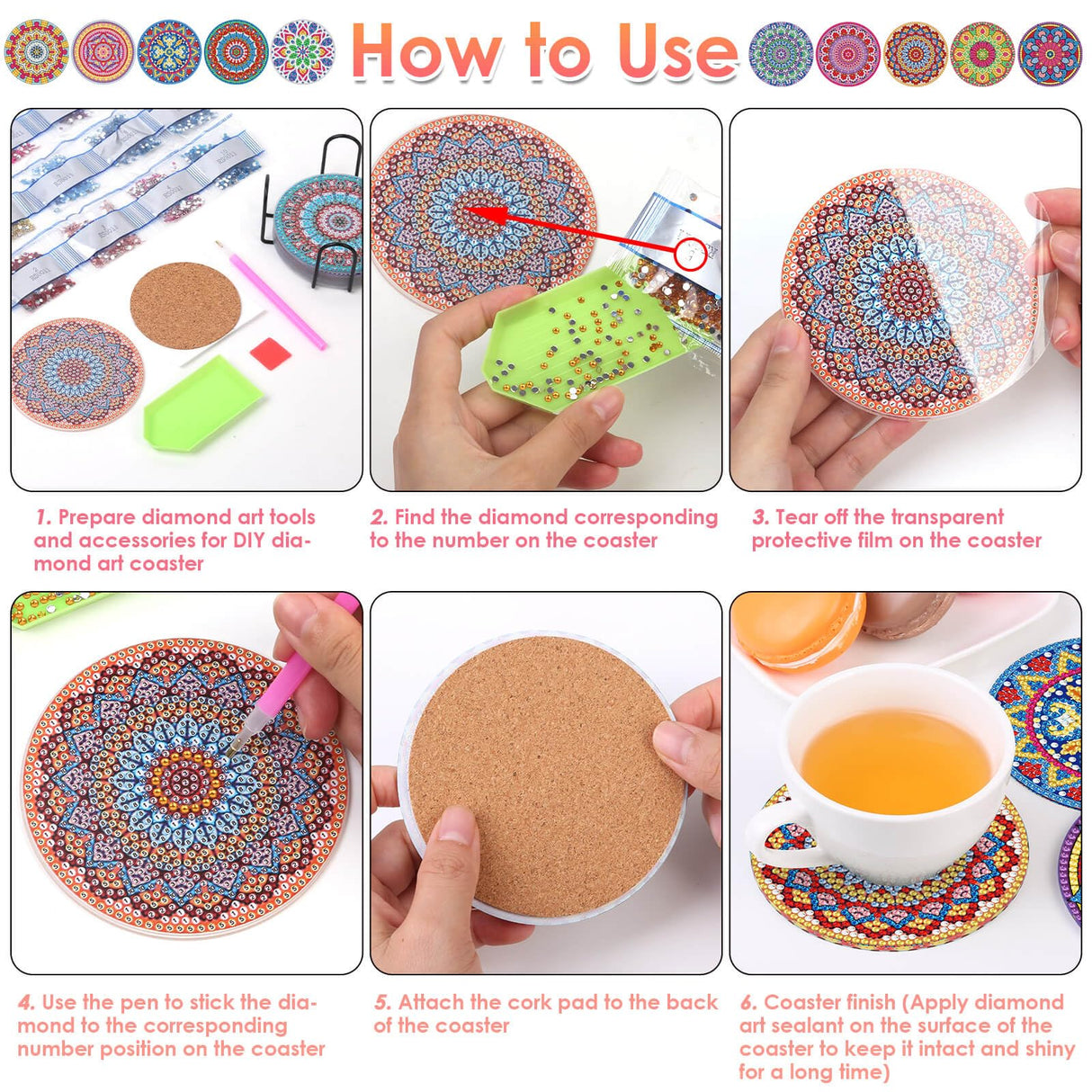 Billbotk Diamond Painting Coasters Kits, 10 Pieces Mandala Diamond Art Coasters with Holder, Arts and Crafts for Adults Billbotk