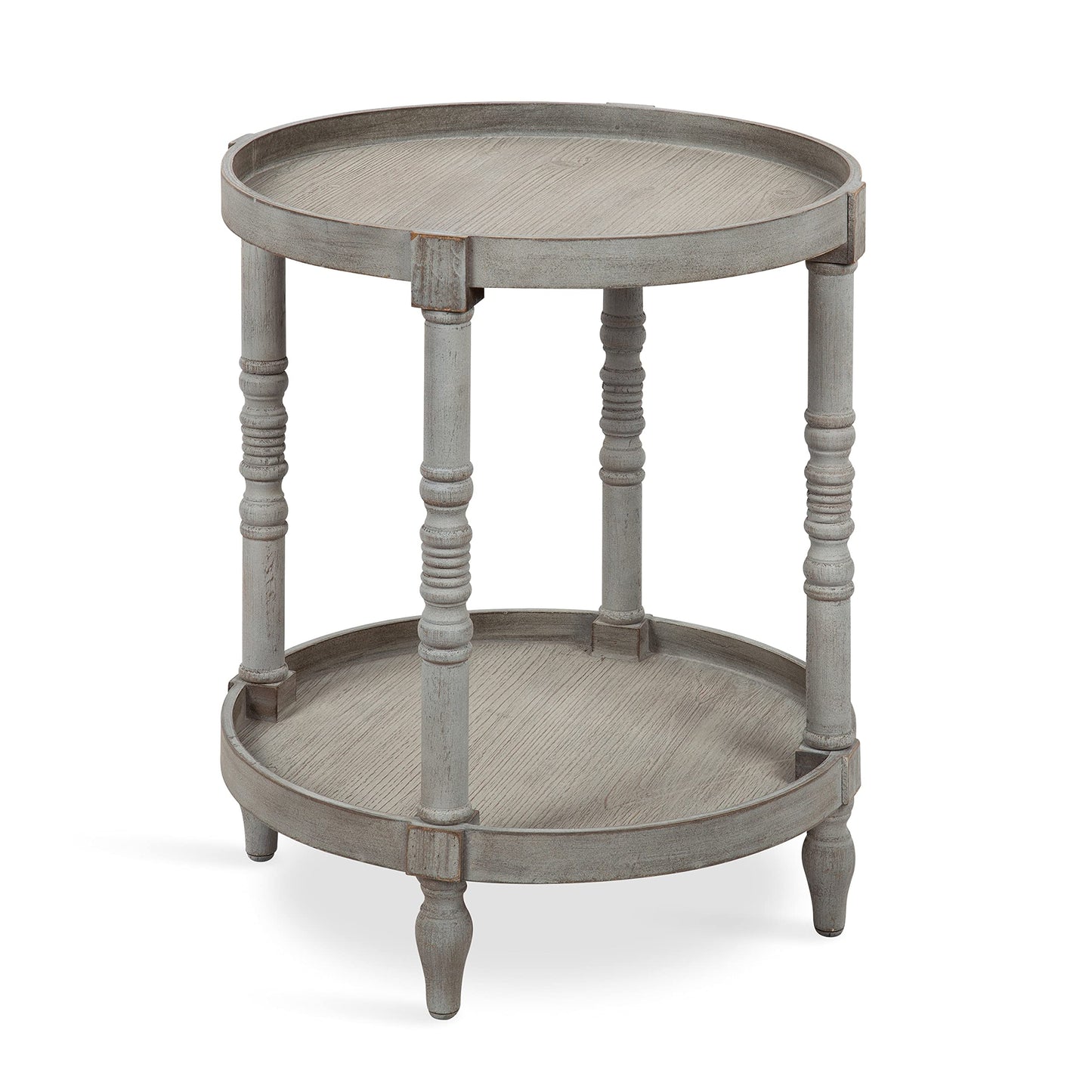 Kate and Laurel Bellport Shabby Chic Round Side Accent Table or Plant Stand with Turned Legs and Lower Shelf, Distressed Gray Finish - WoodArtSupply