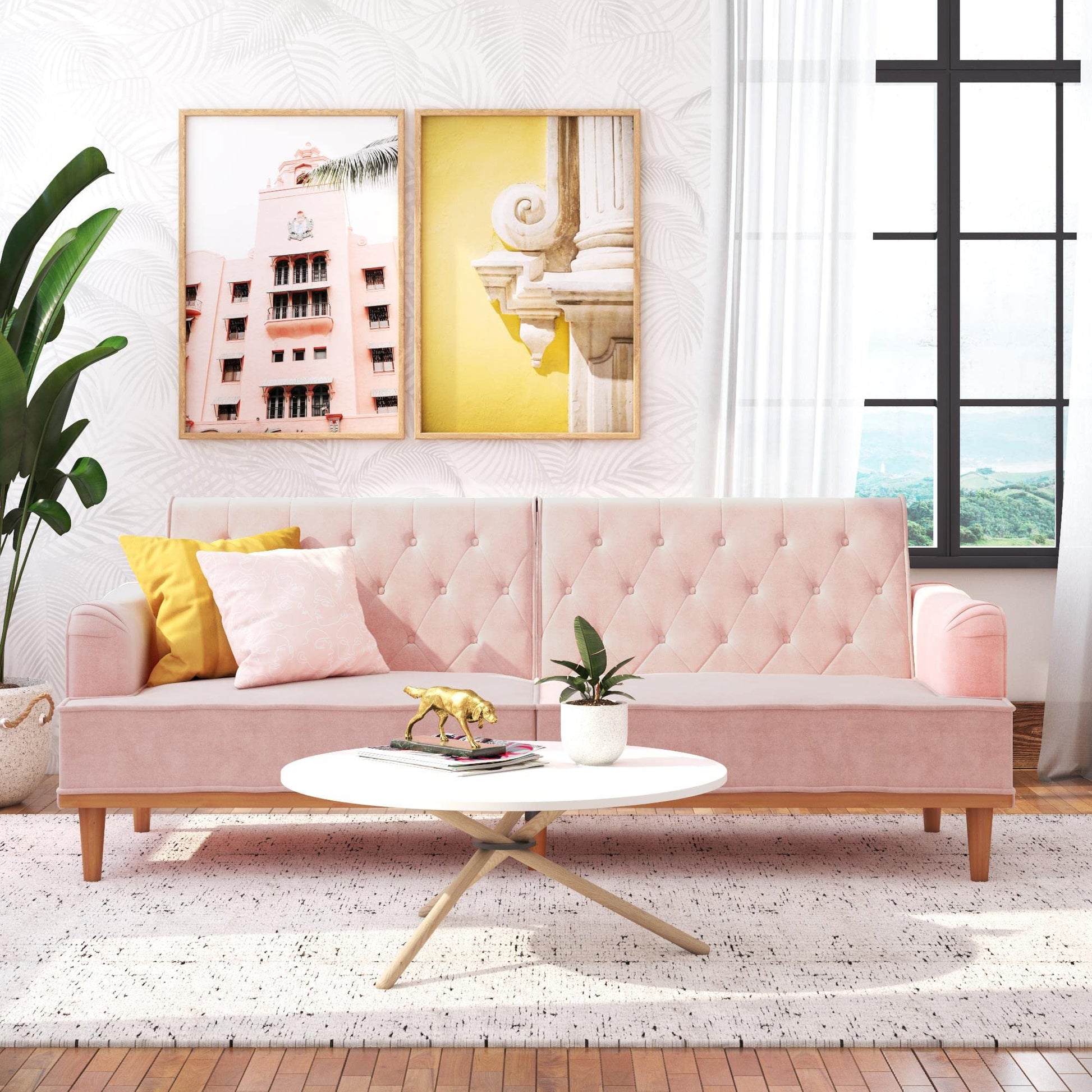 Mr. Kate Stella 80 Inch Futon Sofa Bed in Velvet Fabric, Modern Upholstered Couch Sleeper with Button Tufted Back and Wood Trim, Pink - WoodArtSupply