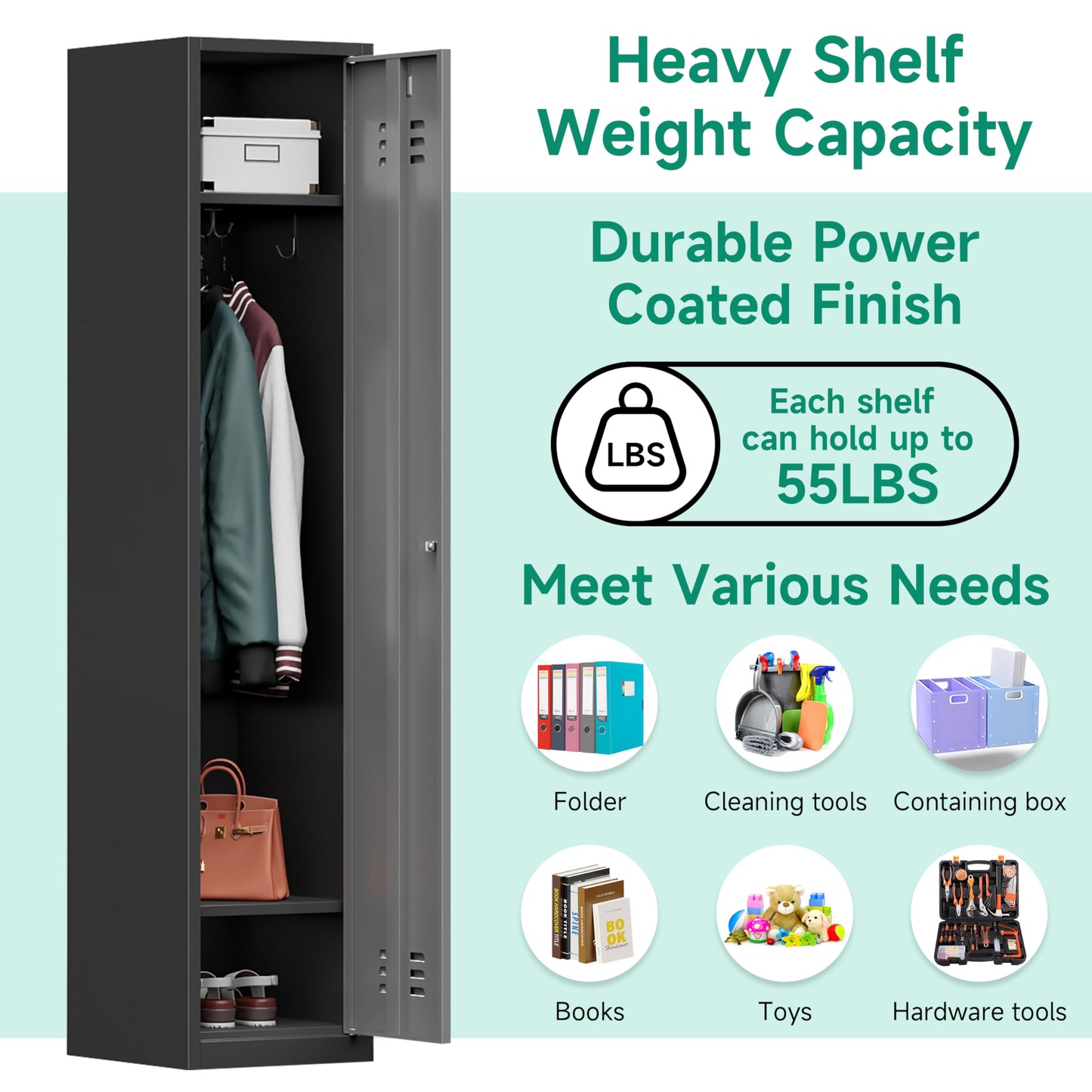 Kooyon Metal Lockers for Employees,71" Steel Storage Cabinet with 1 Door Lockable for Home,Gym,School,Office,Garage-Assembly Required(Black Gray)