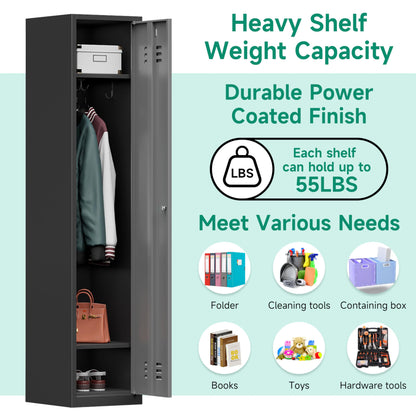 Kooyon Metal Lockers for Employees,71" Steel Storage Cabinet with 1 Door Lockable for Home,Gym,School,Office,Garage-Assembly Required(Black Gray)