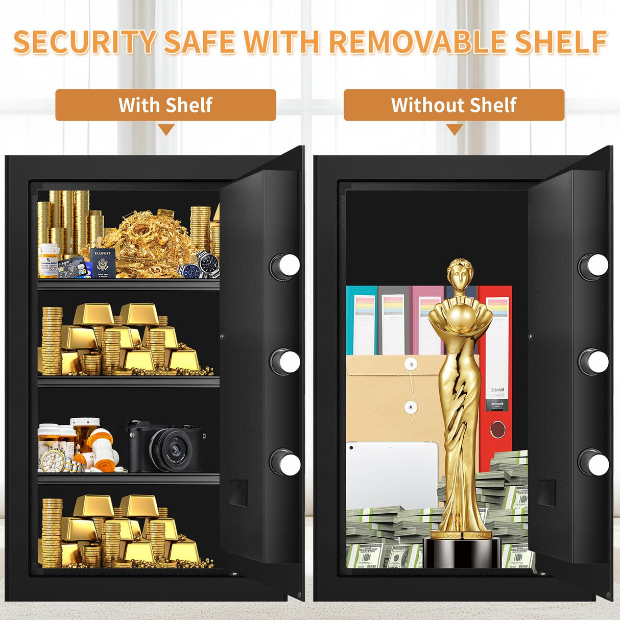 5.1 Cub Large Safes for Home Use Fire and Water Proof, Anti-theft Home Security Safe With Digital Keypad & 3 Removable Shelves and Led Light, Fireproof Safe Box for Documents Money Firearm Valuables Psisuvry