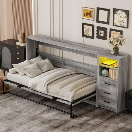 FAVSH Twin Size Murphy Bed with 3 Drawers and LED Light, Wooden Wall Beds can be Folded into a Cabinet,Space-Saving Hidden-Bed,Grey FAVSH