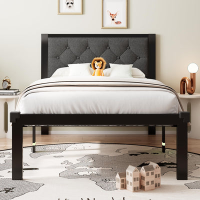 Einhomn Twin Bed Frame, Platform Metal Bed Frame with Button Tufted Linen Upholstered Headboard, Sturdy Steel Slats, 12" Underbed Storage, No Box Spring Needed, Dark Grey