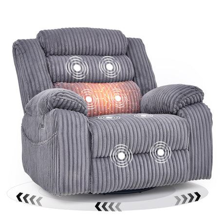 SINCRUMI Power Swivel Rocker Recliner Chair for Adults with Massgae and Heat, USB and Type-C Charging Port, Infinite Position, Electric Glider Rocking Chairs for Living Room, Nursery, Grey SINCRUMI