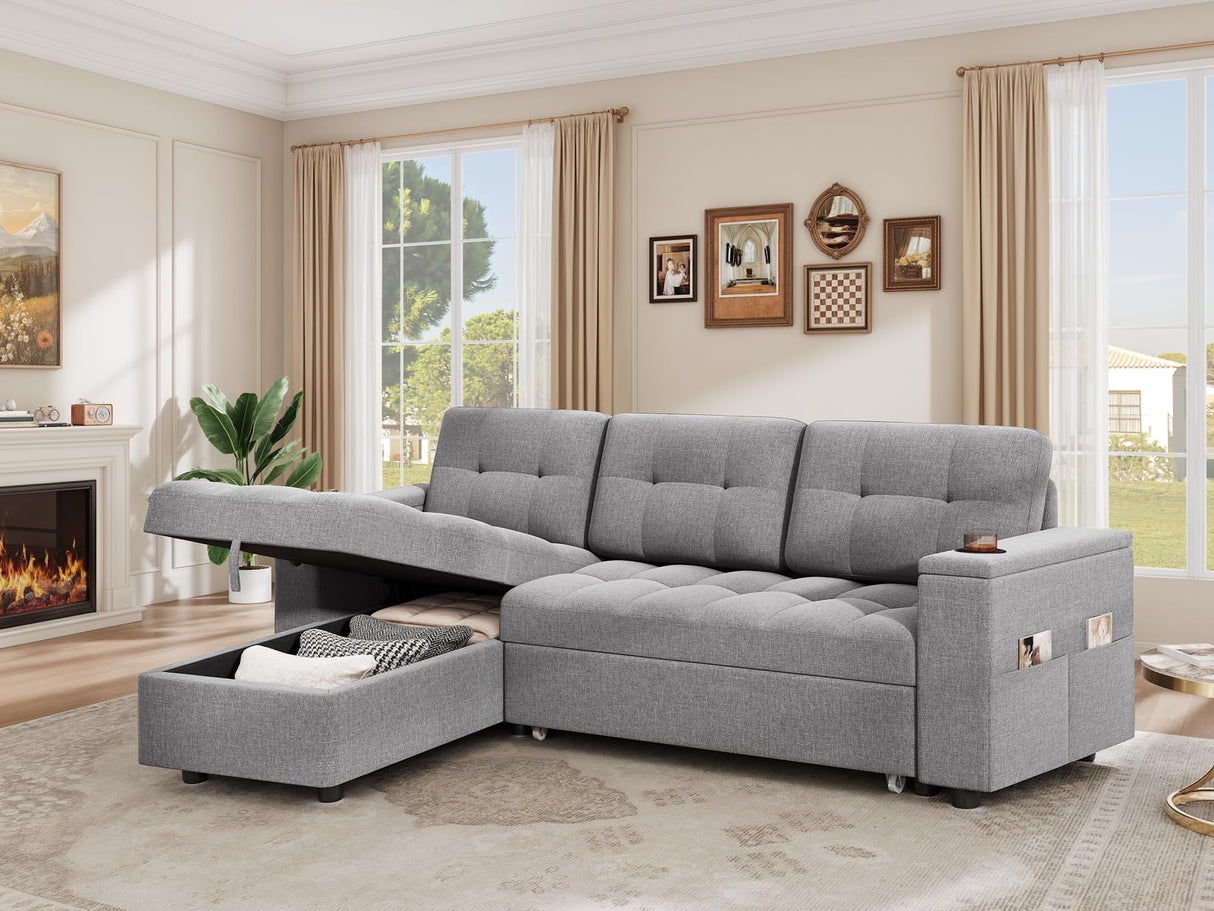 YITAHOME Sleeper Sofa, L-Shaped Sofa Couch w/Chaise & USB, 4-seat Fabric Convertible Couch Bed w/Pull Out Bed & Storage, Reversible Sectional Sofa for Living Room, Light Gray YITAHOME