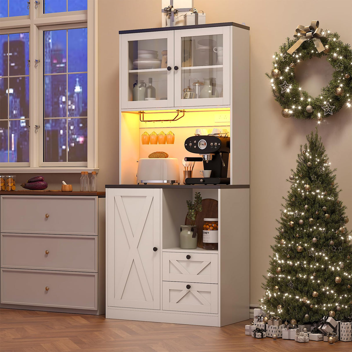 CBBPET 71" Tall Coffee Bar Cabinet with Storage Hutch, Farmhouse Kitchen Pantry Cabinet with LED Lights Microwave Stand and Glass Holder for Home Dining Room Kitchen,White CBBPET