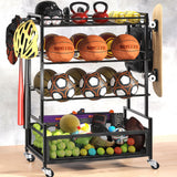 SOYEEZE Sports Equipment Organizer- Ball Storage for Garage,4 Tiers Outdoor Toy Storage,Soccer Racks,Basketball Shooting Training Stand Cart with Wheels and Hooks for Home-School and Gym Use SOYEEZE