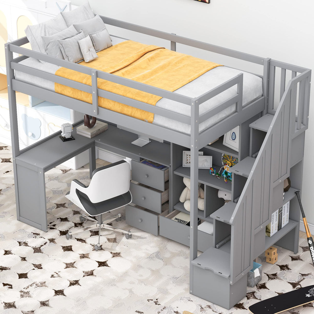 CKLMMC Twin Size Loft Bed with L-Shaped Desk, Drawers and Cabinet, Multi-Functional Loft Bed with Convertible Storage Staircase for Kids Teens Adults, No Box Spring Required (Gray/Twin*PineA) CKLMMC