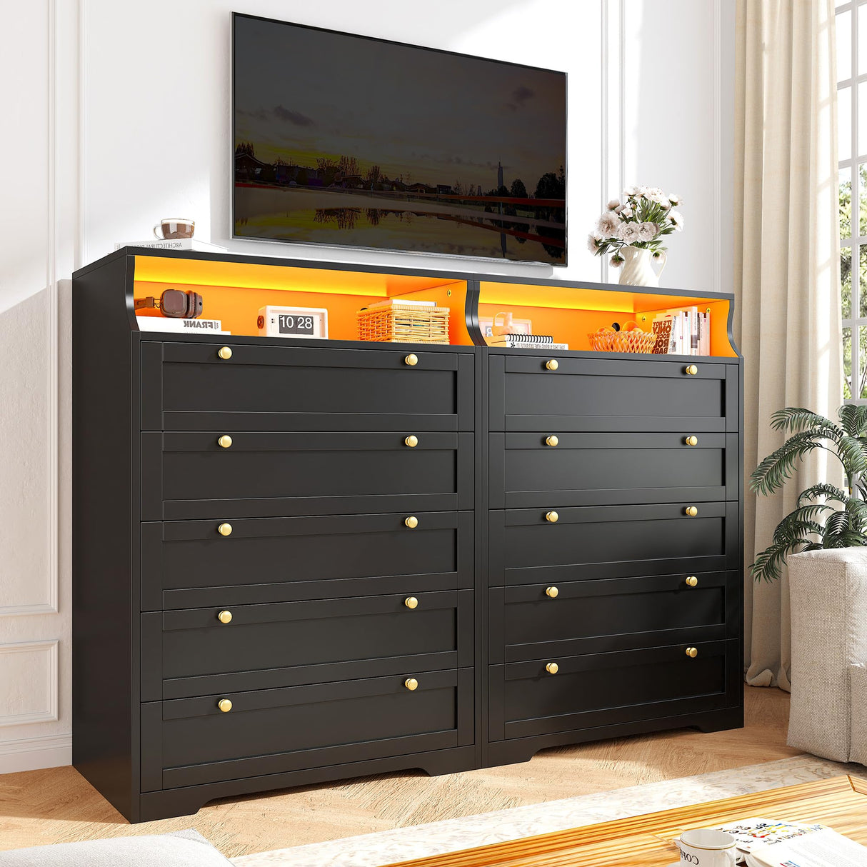 EnHomee Black Dresser with LED Light, Tall Dresser for Bedroom, 5 Drawers & 1 Shelves Space Saver for Bedroom, Hallway, 31.3" W x 48.5" H x 15.7" D EnHomee