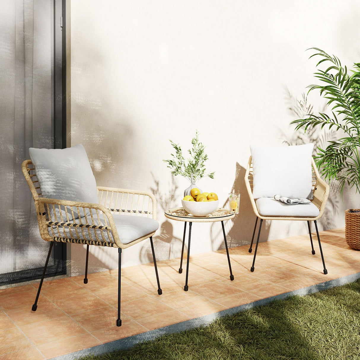 DAYAOUTDOOR 3 Pieces Outdoor Bistro Set, Bistro Set Outdoor with Glass Top Table, Patio Wicker Furniture Set 3 Piece, Rattan Conversation Set for Balcony, Lawn, Garden, Backyard, Poolside, Beige DAYAOUTDOOR