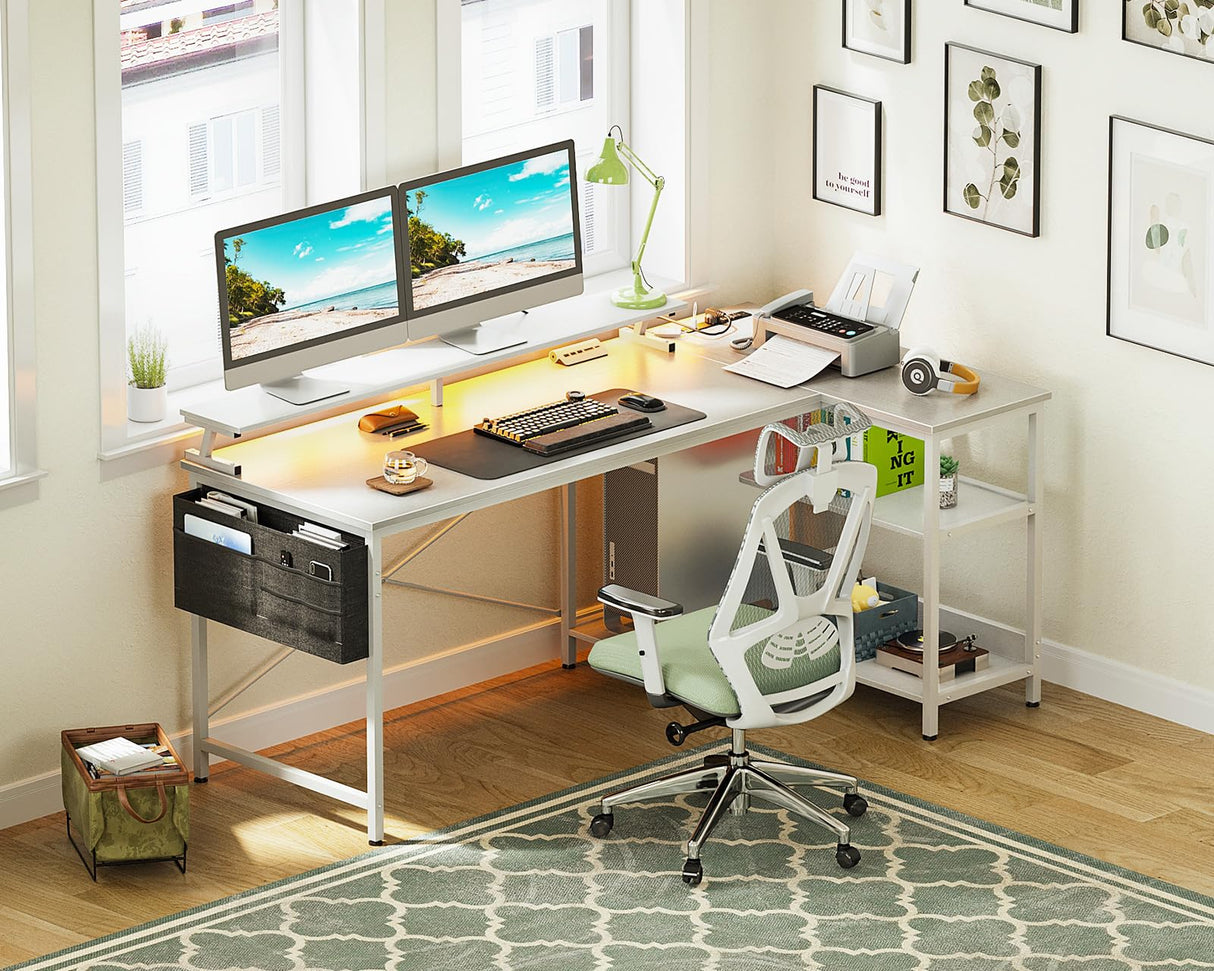 ODK 58 Inch L-Shaped Gaming Desk with LED Lights, USB Charging Ports, and Storage Solutions in Pure White ODK