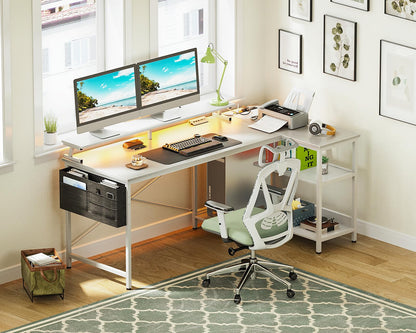 ODK 58 Inch L-Shaped Gaming Desk with LED Lights, USB Charging Ports, and Storage Solutions in Pure White - WoodArtSupply