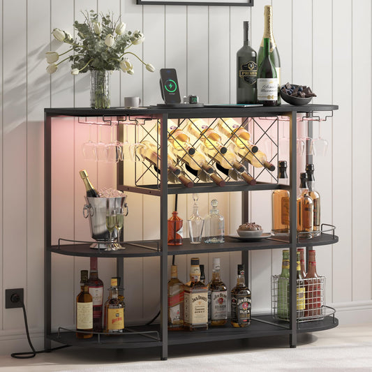 ZOPEND Wine Cabinet Coffee Table with Power Socket and LED Light, Three Tiers Coffee Bar Table Wine Rack Liqour Bar with Large Storage for Home Kitchen (Black)