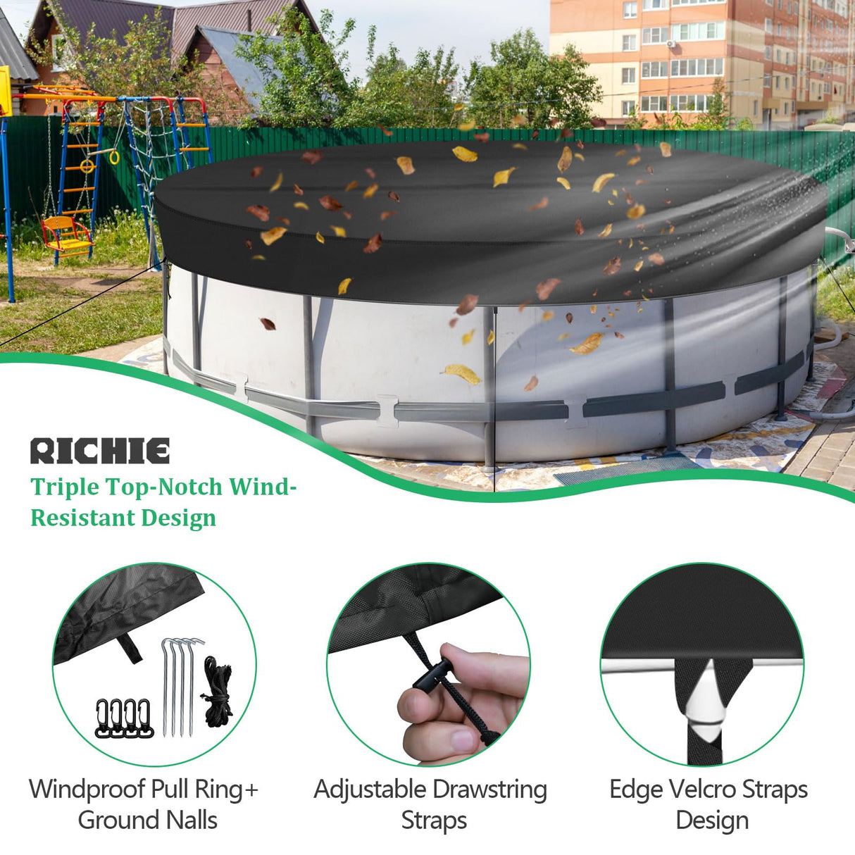 RICHIE 18FT Pool Cover, Round Solar Cover for Above Ground Pool, Heavy Duty 420D Oxford Waterproof Cover, Perfect to Keep Swimming Pool Clean RICHIE
