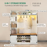 Hzuaneri 59.8" Hall Tree, LED Farmhouse Entryway Storage and Coat Rack Wood, Entryway Furniture with 7 Hooks, Hall Tree with Bench and Storage, 6 Storages Partitions Shoe Bench, Rustic White HT24814B Hzuaneri