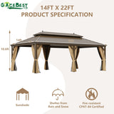 14'x22' Hardtop Gazebo Outdoor Aluminum Patio Gazebo Double Roof Galvanized Steel Gazebo Canopy with Netting and Curtains,for Garden Patio,Patio Backyard,Deck and Lawns GAZEBEST