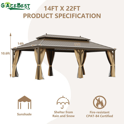 14'x22' Hardtop Gazebo Outdoor Aluminum Patio Gazebo Double Roof Galvanized Steel Gazebo Canopy with Netting and Curtains,for Garden Patio,Patio Backyard,Deck and Lawns