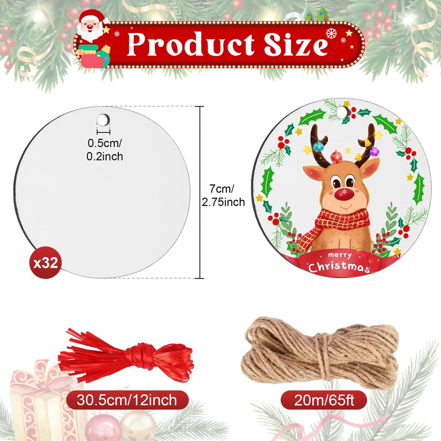 32 Pcs Sublimation Ornament Blanks, Round Christmas Personalized Sublimation Blanks Pendant for Christmas Party Favors, Christmas Decoration Supplies, DIY Handmade Crafts(2.75 inches)