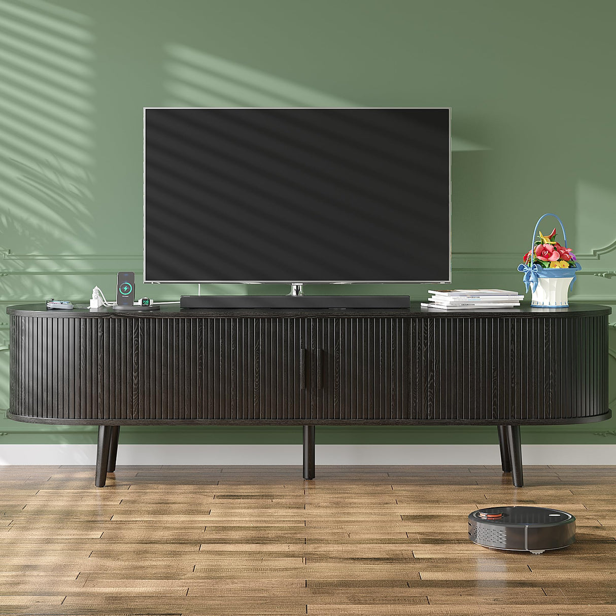 Mid Century Modern TV Stand for 65/55/50 inch TV, Farmhouse TV Stand with Charging Station, Fluted Entertainment Center with Storage and Sliding Doors, TV and Media Consol for Living Room, Black, 59" Syvella