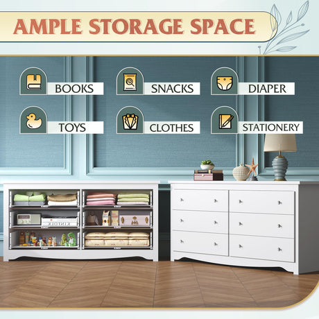 WLIVE White Dresser with 6 Drawers, 59“ Wide Wooden Chest of Drawers for Bedroom, Modern Dresser Closet Storage Organizer for Living Room Hallway WLIVE