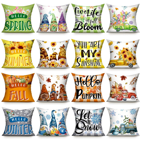 Preboun 16 Set Holiday Pillow Covers 18 x 18 Inch Winter Throw Pillow Covers Seasonal Pillowcases Fall Gnome Pillowcases Spring Flower Summer Sunflower Plaid Cushion for Home Farmhouse Decor Preboun