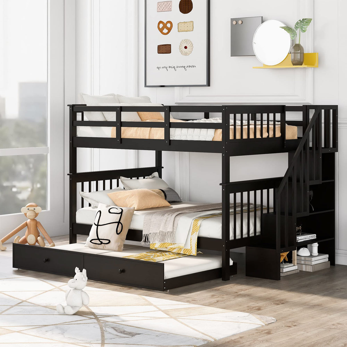 MERITLINE Wooden Bunk Bed Frame, Full Over Full Bunk Bed with Trundle, Bunk Beds with Stairs Full Size, Trundle Bunk Beds, Convertible Bunk Bed for Kids(Espresso) MERITLINE
