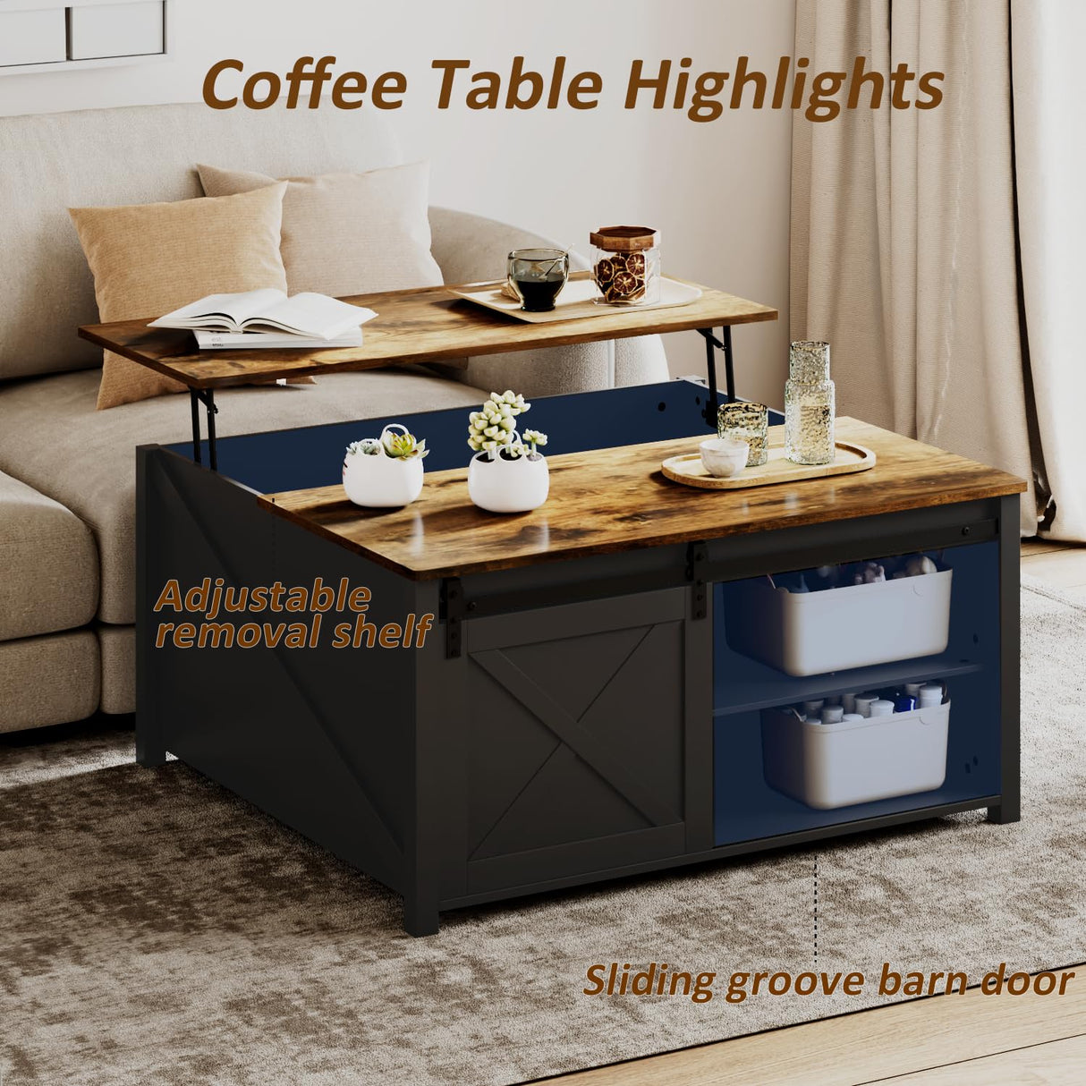 VENDORZ 31" Lift Top Coffee Table with Storage, Black Coffee Table with Lifting Top for Living Room, Farmhouse Coffee Table with Large Hidden Storage Compartment, Living Room Wood Rustic Table VENDORZ