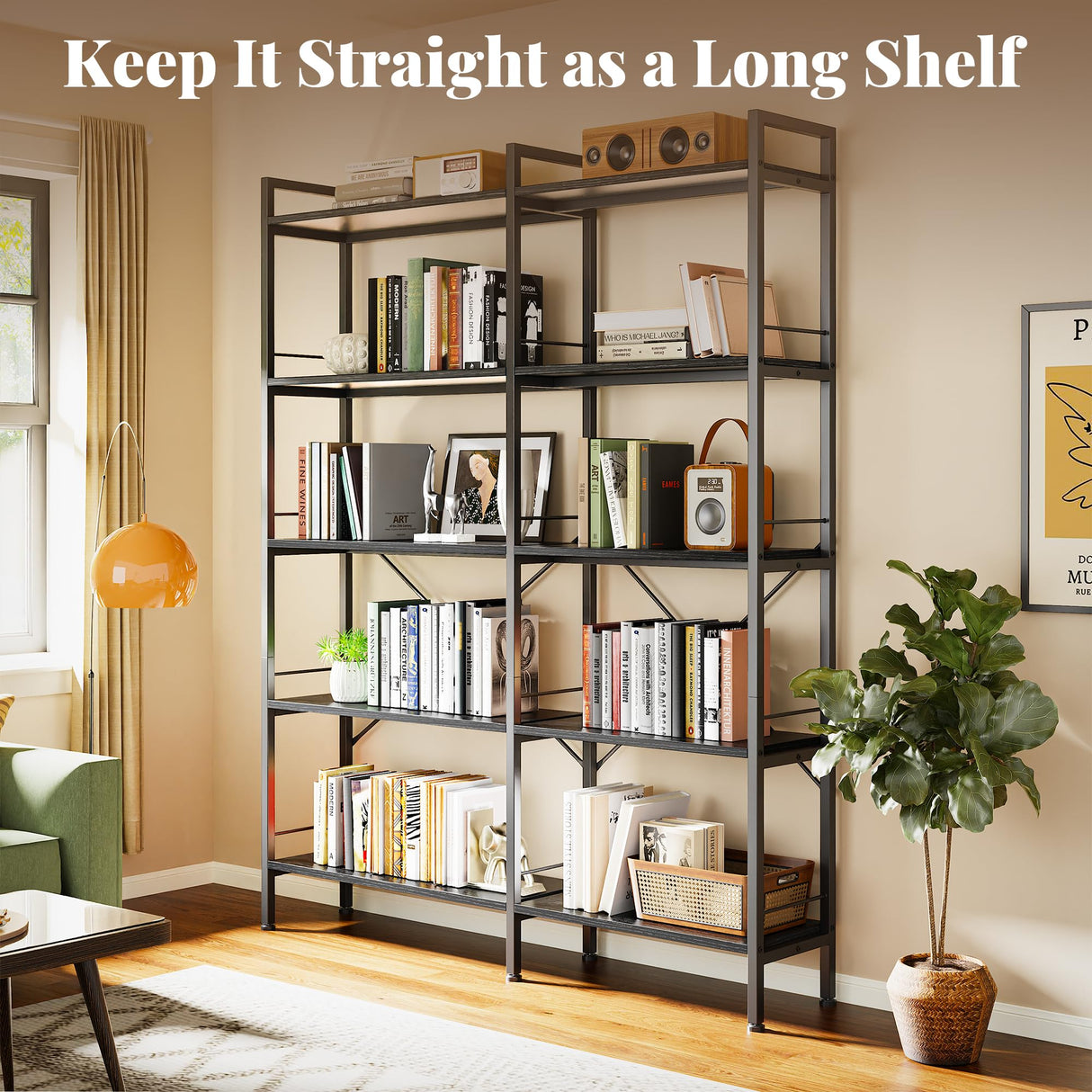 Huuger 5 Tier Bookshelf, L Shaped Corner Bookshelf with 10 Open Shelves, 49.4 Inch Straight Wide Bookcase with Metal Frame and Wooden Board, Adjustable Feet, Black Huuger