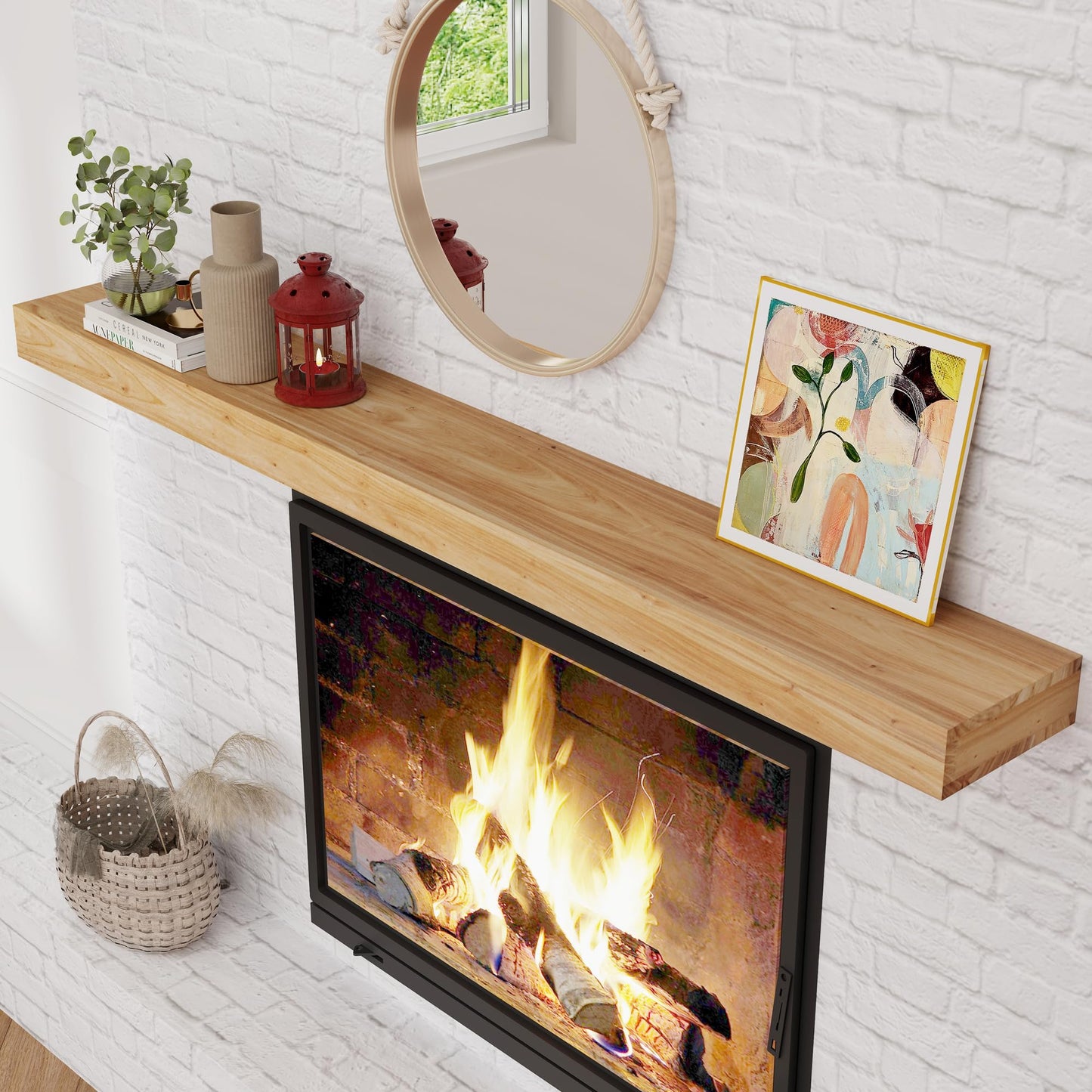 Axeman Fireplace Mantel | 72" W Elm Wood Floating Shelves | Handcrafted Hollow Distressed Beam | Wall Mounted Wooden Display Shelfing | with Invisible Heavy Duty Bracket | 72W x 3H x 8D