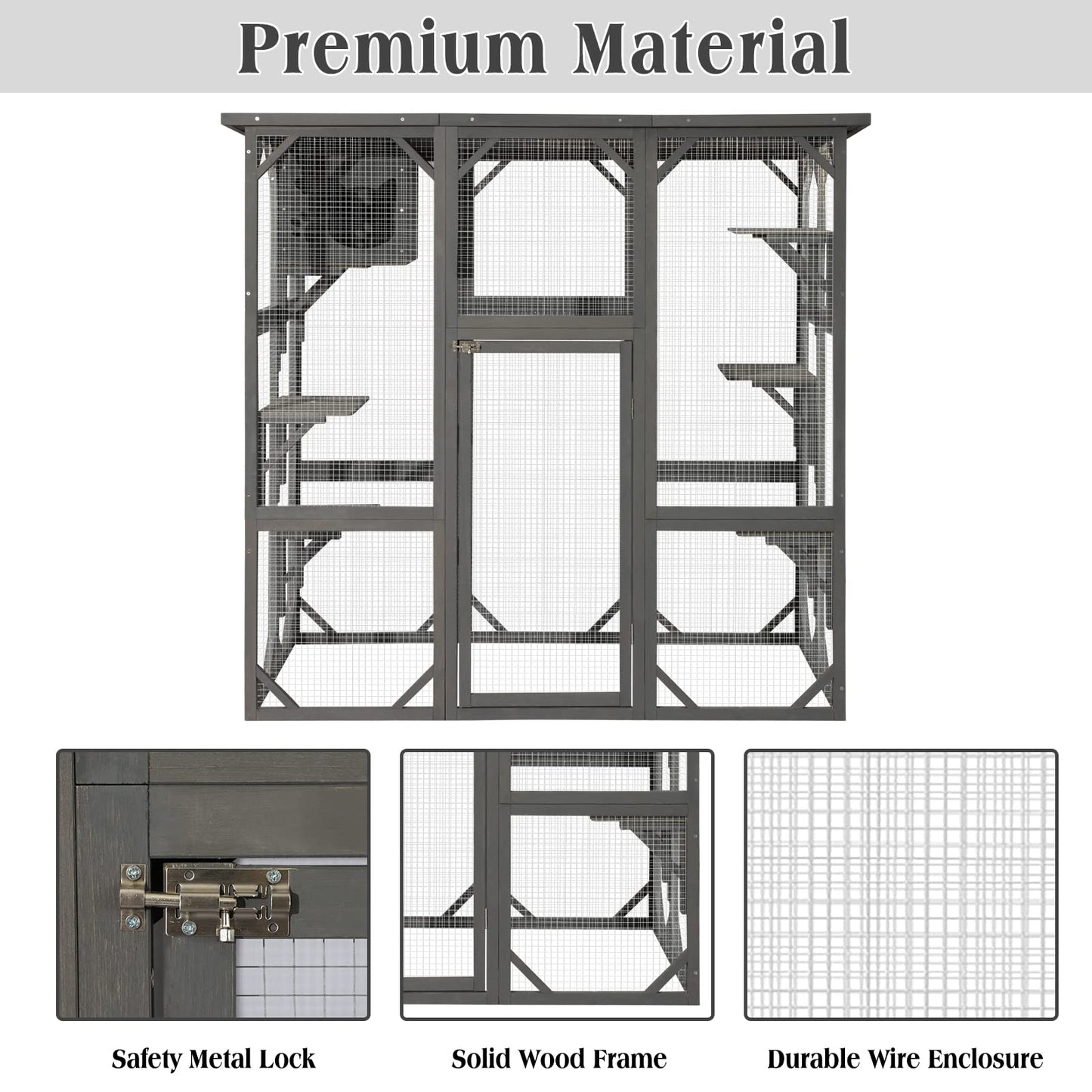 JOVNO Large Outdoor Cat House Catio Kitty Enclosure with Large Enter Door, Wooden Cat Cage Condo Indoor Playpen with 6 Platforms & Small House (Grey) - WoodArtSupply