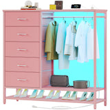 Dresser for Bedroom, Dresser with Hanging Rack Led Lights and Charging Station, Tall Dresser with 5 Fabric Chest of Drawers with PU Finish Storage Organizer, for Living Room Kids Room Closet, Pink SOOWERY