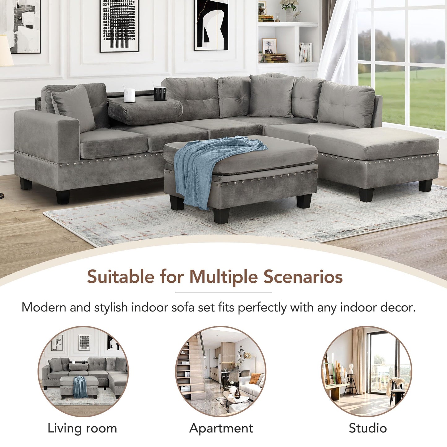 P PURLOVE Sectional Sofa Couch with Reversible Chaise and Ottoman, Polyester L-Shape Couch with 2 Pillows and Cup Holder, Sectional Sofas for Living Room (Gray)