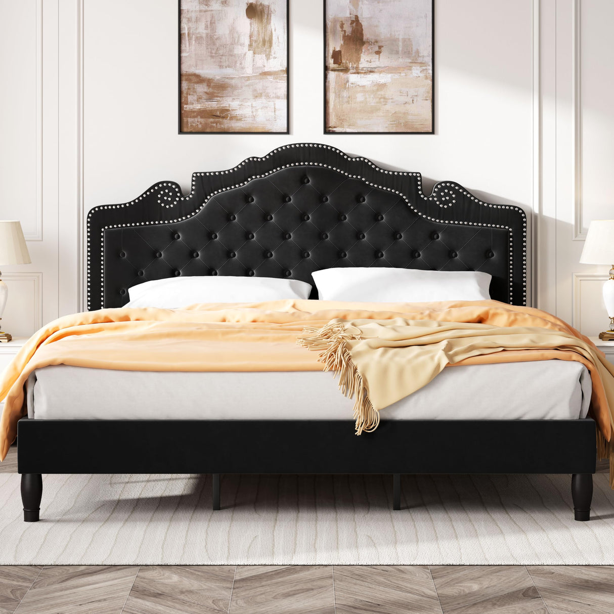 SHA CERLIN King Size Platfrom Bed Frame with Adjustable Headboard/Velvet Upholstered Diamond Button Tufted and Metal Studs/No Box Spring Needed/Easy Assembly/Wooden Slat Support/Black SHA CERLIN