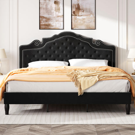 SHA CERLIN King Size Platfrom Bed Frame with Adjustable Headboard/Velvet Upholstered Diamond Button Tufted and Metal Studs/No Box Spring Needed/Easy Assembly/Wooden Slat Support/Black SHA CERLIN